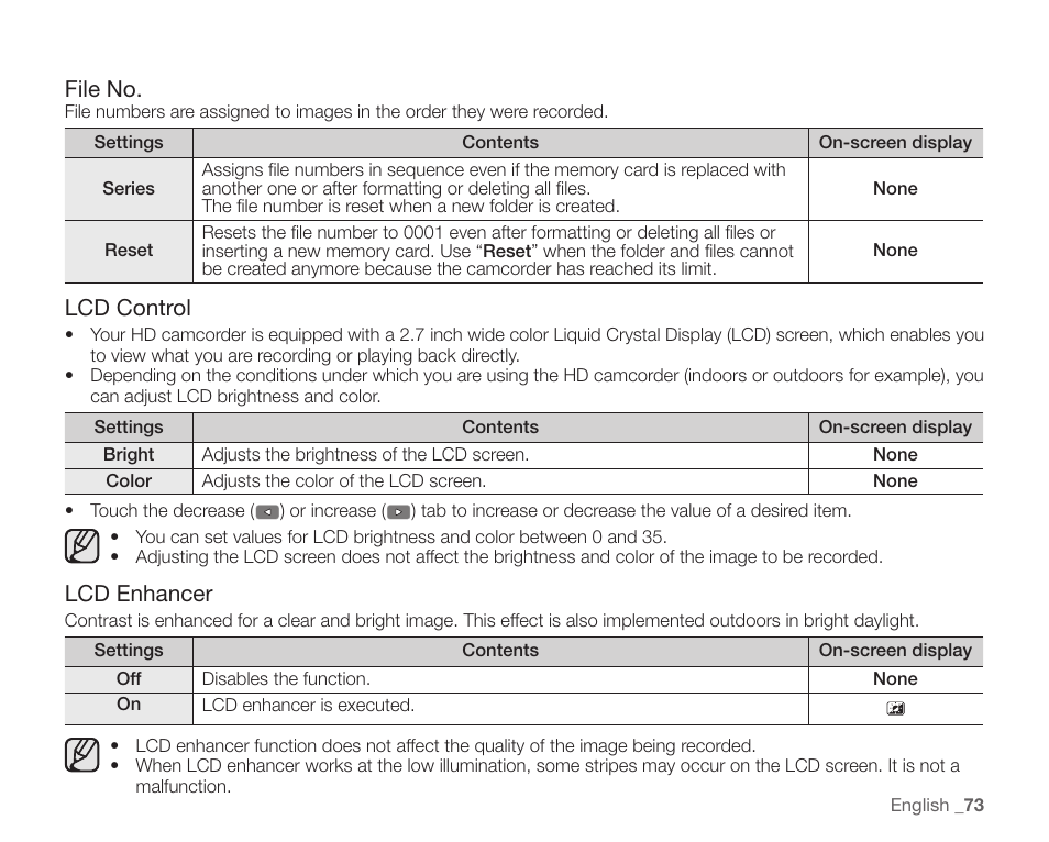 File no, Lcd control, Lcd enhancer | Samsung SC-HMX20C-XAA User Manual | Page 85 / 135