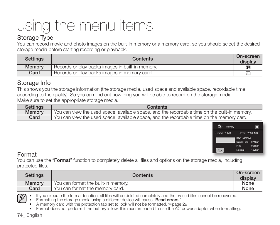 Using the menu items, Storage type, Storage info | Format | Samsung SC-HMX20C-XAA User Manual | Page 86 / 135