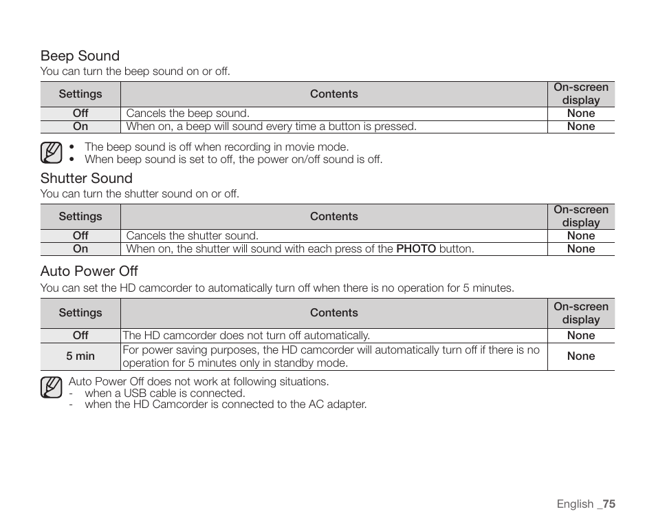 Beep sound, Shutter sound, Auto power off | Samsung SC-HMX20C-XAA User Manual | Page 87 / 135