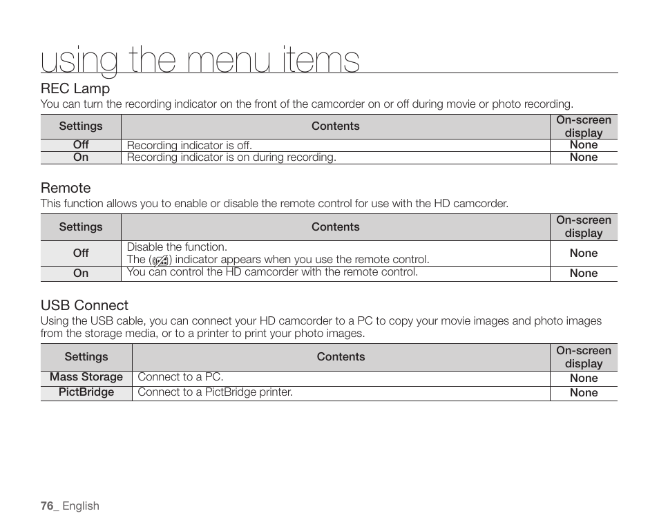 Using the menu items | Samsung SC-HMX20C-XAA User Manual | Page 88 / 135