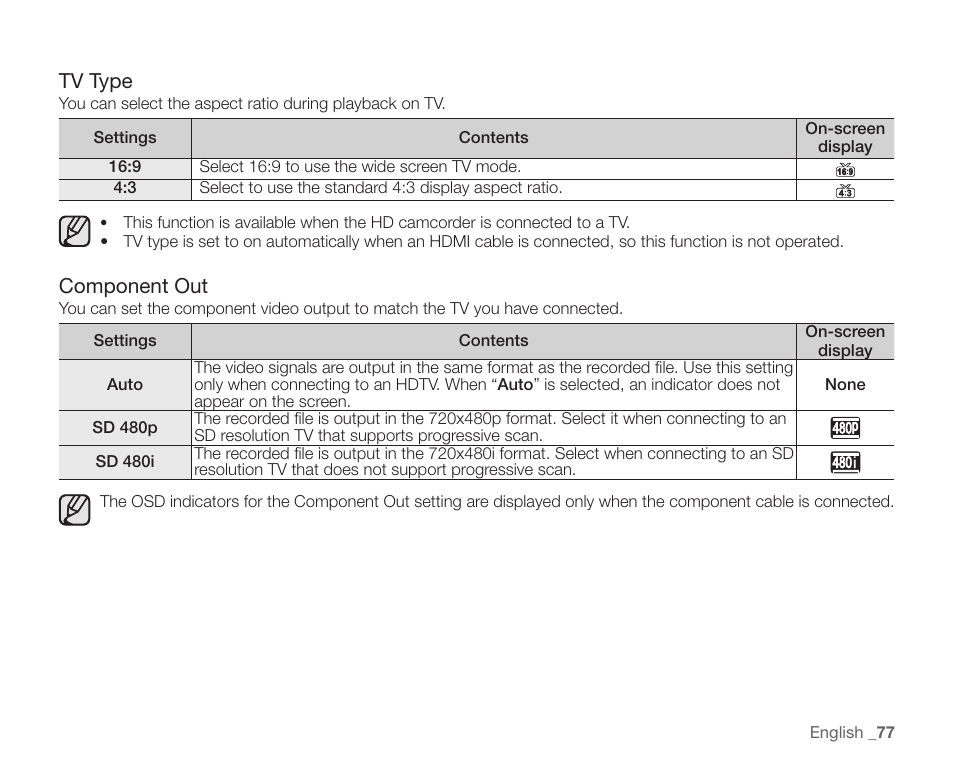 Tv type, Component out | Samsung SC-HMX20C-XAA User Manual | Page 89 / 135