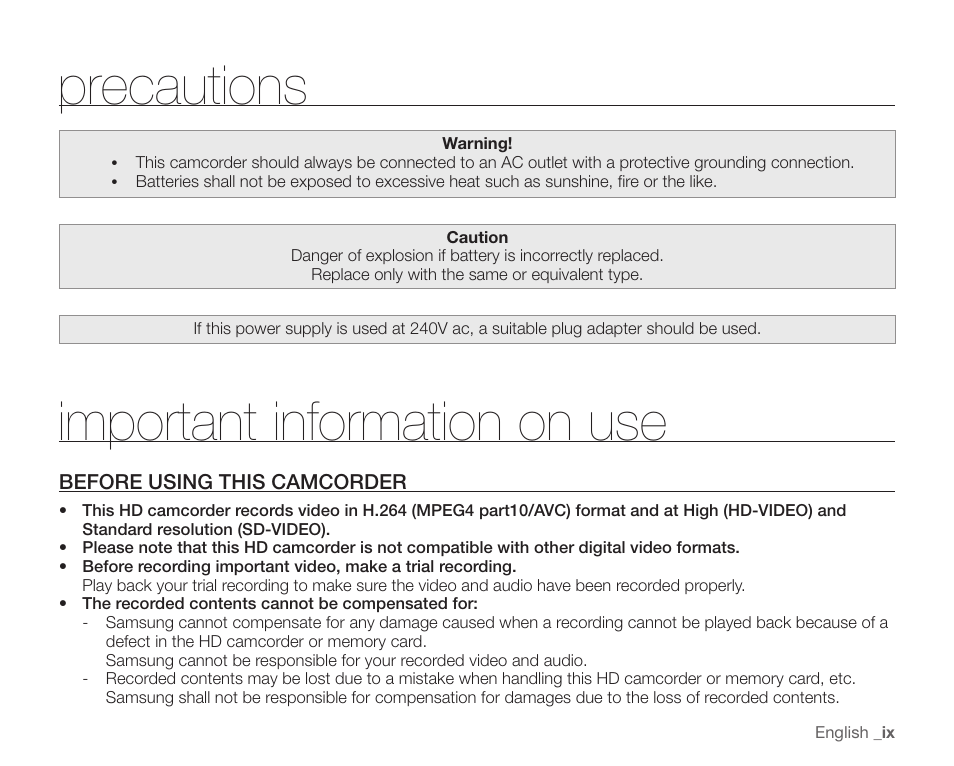 Precautions, Important information on use, Before using this camcorder | Samsung SC-HMX20C-XAA User Manual | Page 9 / 135