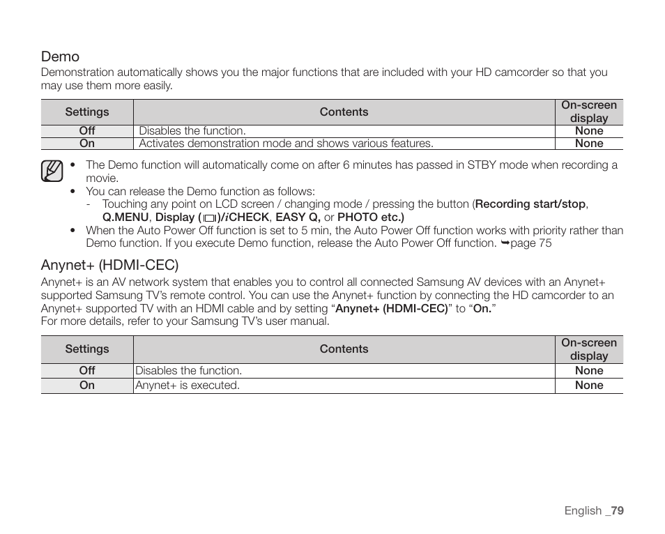 Demo, Anynet+ (hdmi-cec) | Samsung SC-HMX20C-XAA User Manual | Page 91 / 135