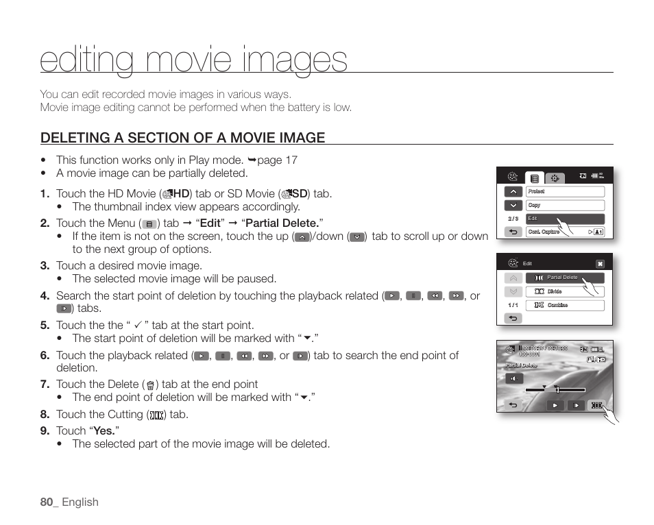 Editing movie images, Deleting a section of a movie image | Samsung SC-HMX20C-XAA User Manual | Page 92 / 135