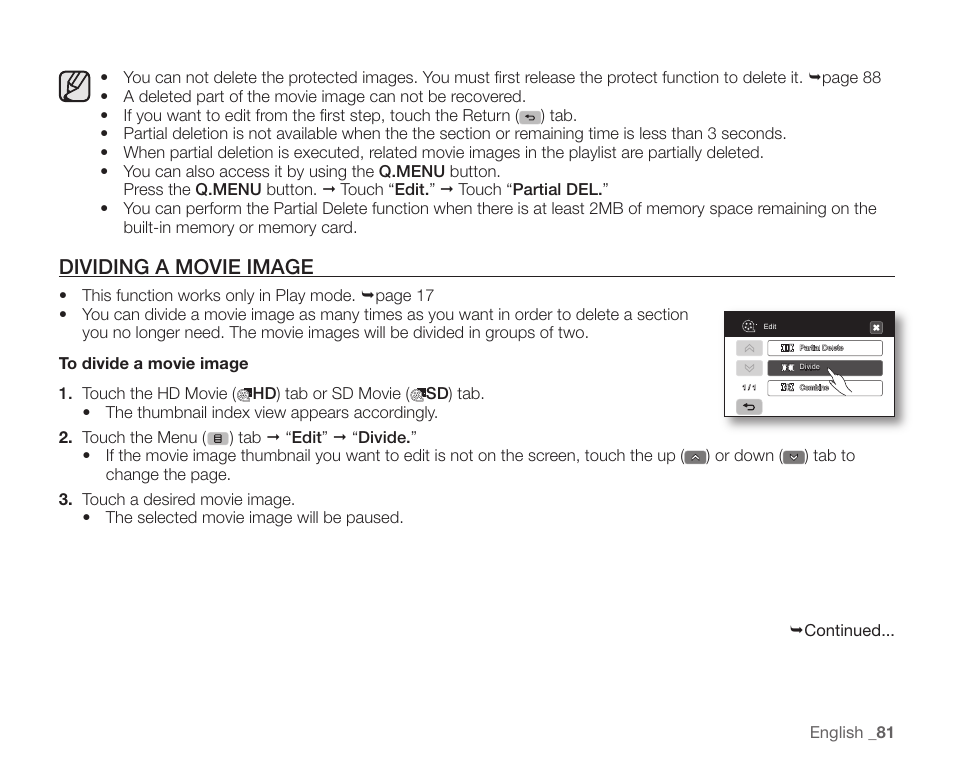 Dividing a movie image | Samsung SC-HMX20C-XAA User Manual | Page 93 / 135