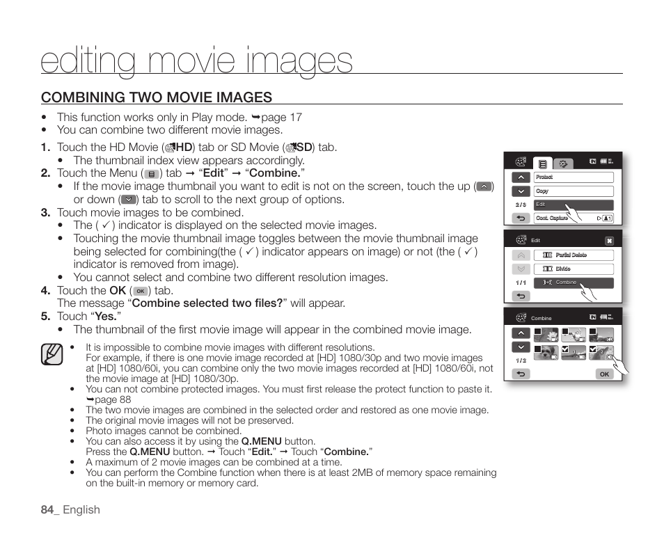 Combining two movie images, Editing movie images | Samsung SC-HMX20C-XAA User Manual | Page 96 / 135