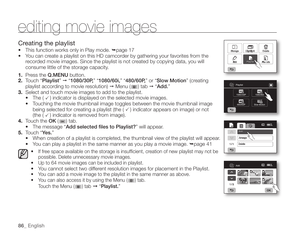 Editing movie images, Creating the playlist | Samsung SC-HMX20C-XAA User Manual | Page 98 / 135