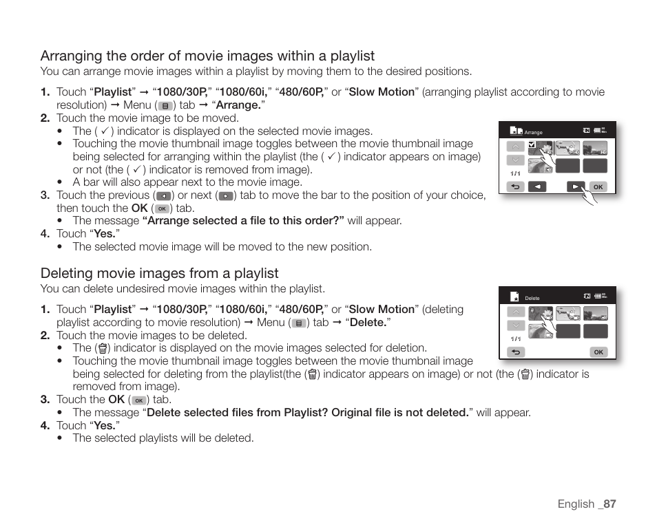 Deleting movie images from a playlist | Samsung SC-HMX20C-XAA User Manual | Page 99 / 135