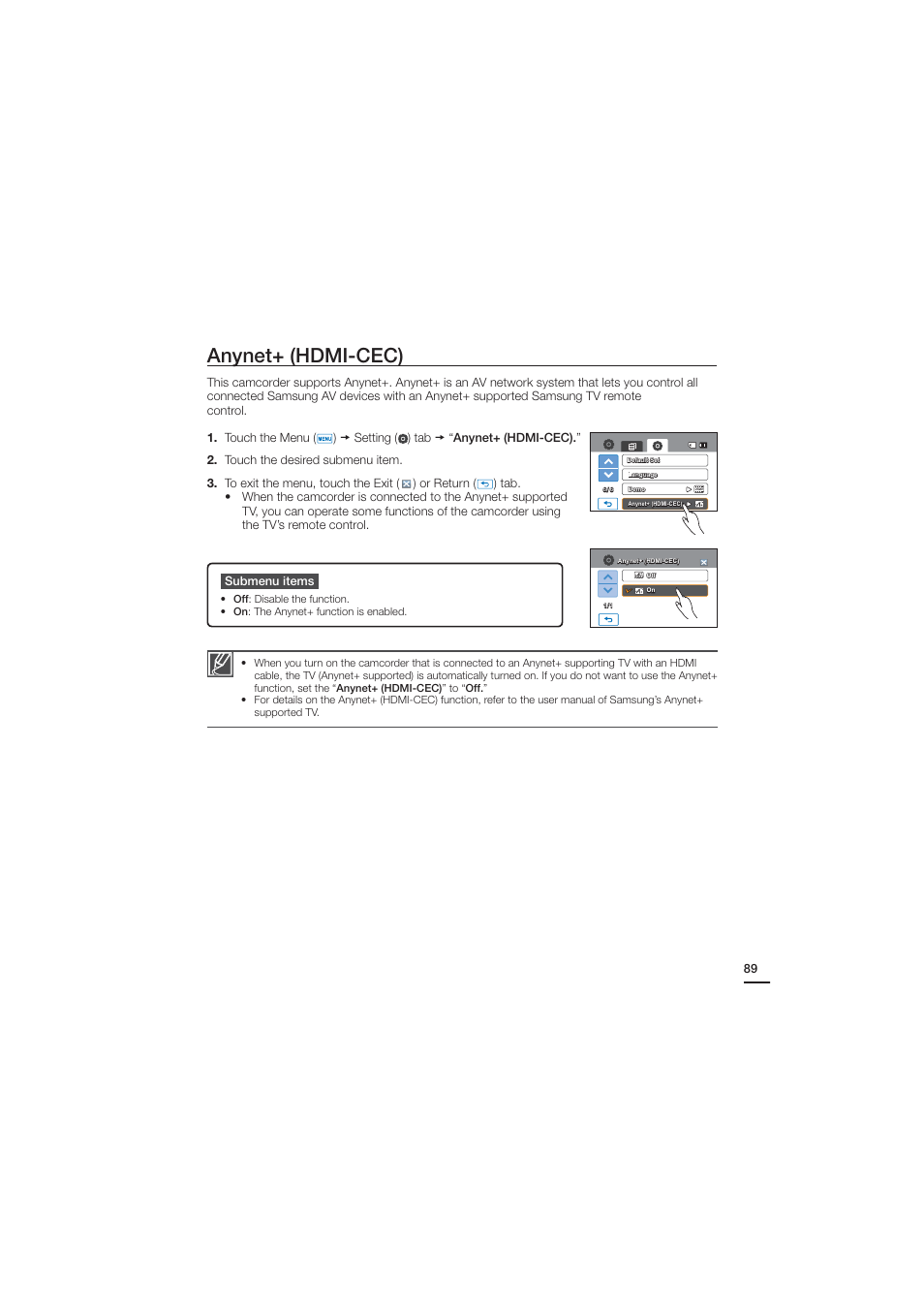 Anynet+ (hdmi-cec) | Samsung HMX-H203BN-XAA User Manual | Page 101 / 145