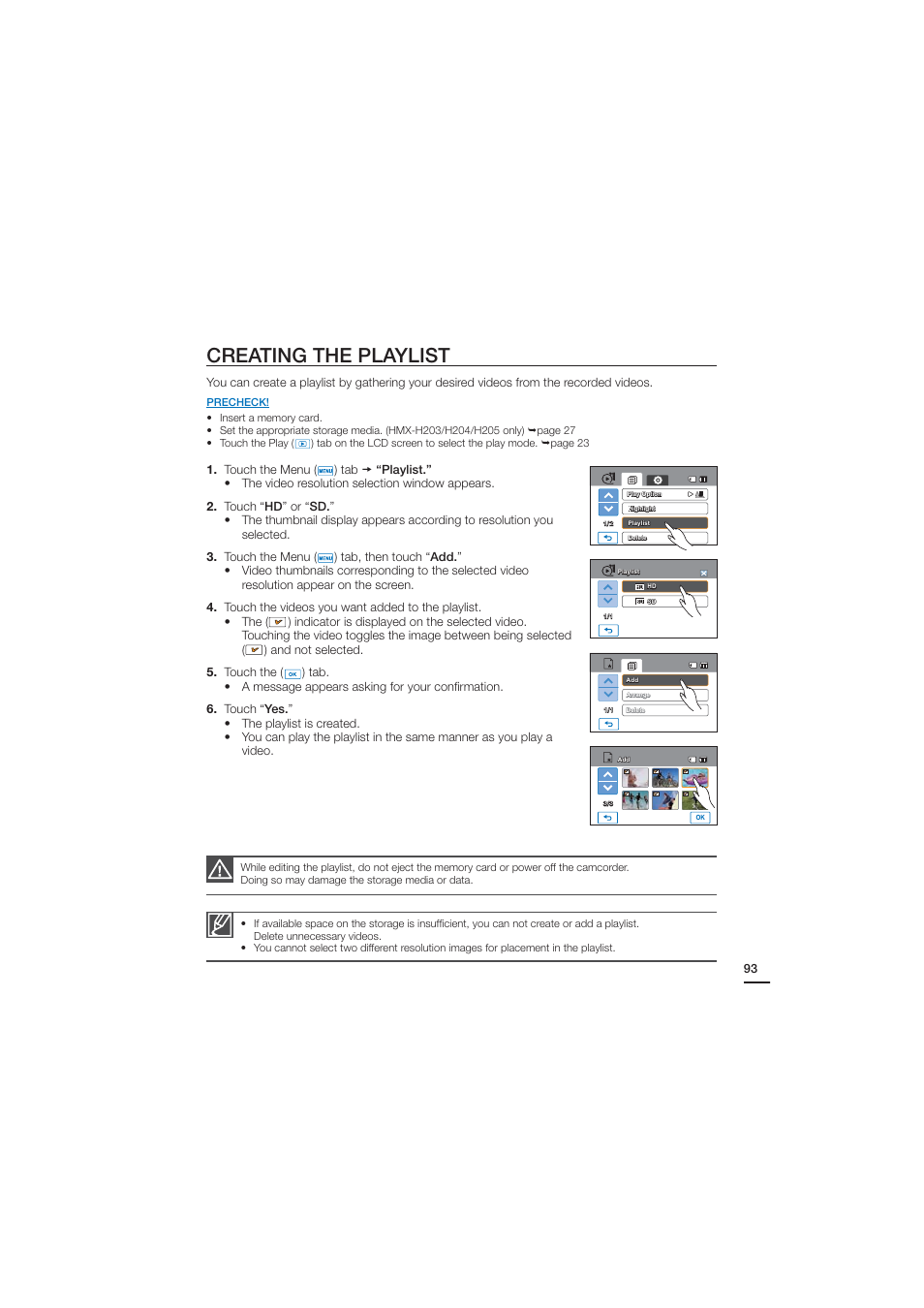 Creating the playlist | Samsung HMX-H203BN-XAA User Manual | Page 105 / 145