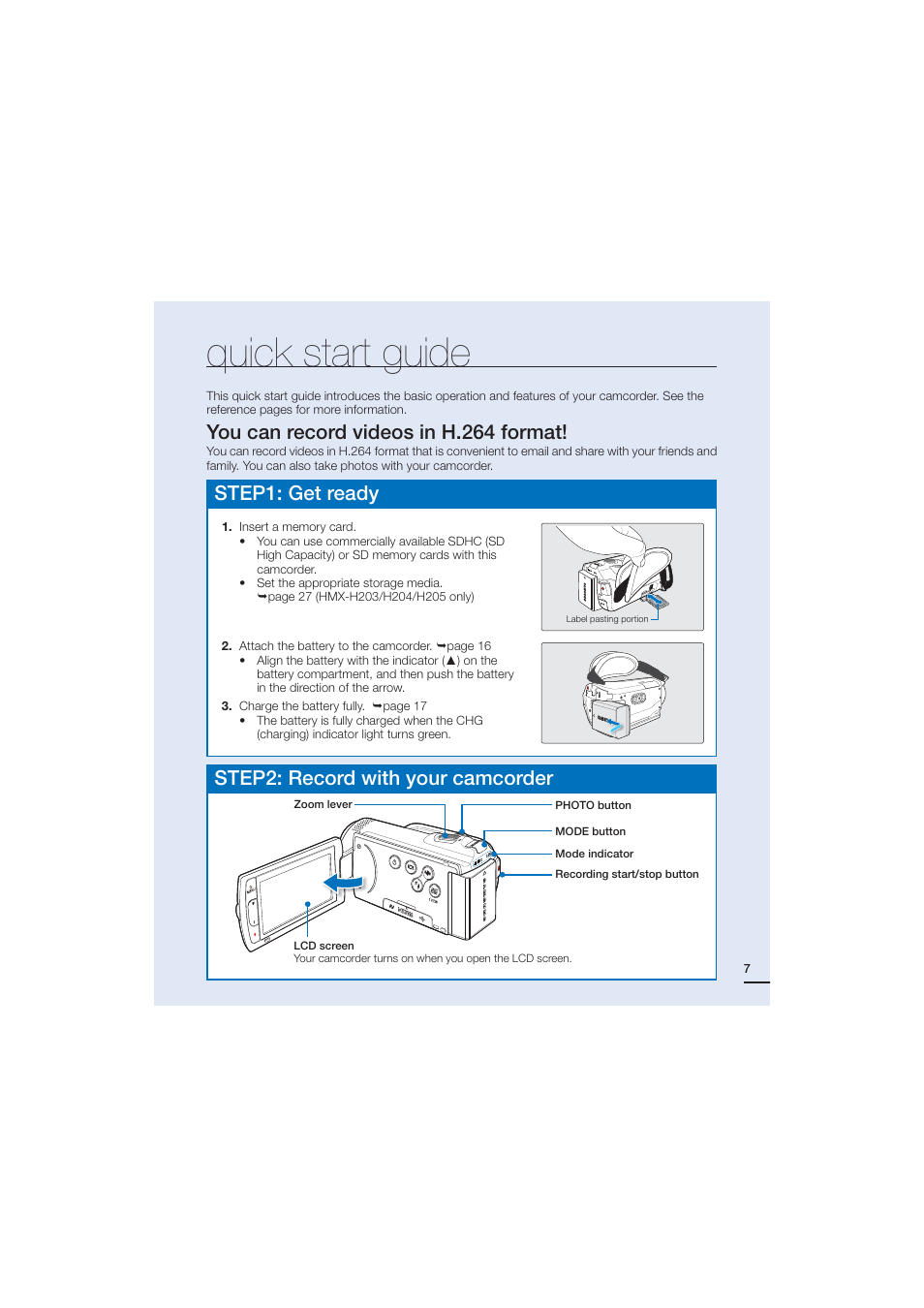 Quick start guide, You can record videos in h.264 format, Step1: get ready | Pvdbosfdpsewjefptjo)gpsnbu, Step2: record with your camcorder | Samsung HMX-H203BN-XAA User Manual | Page 19 / 145