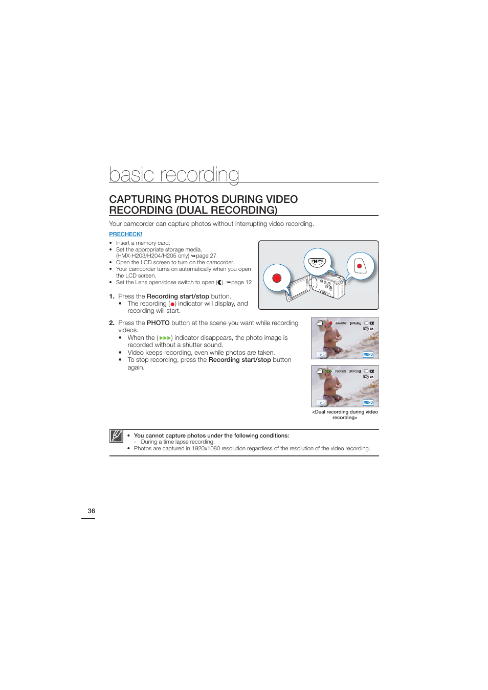 Basic recording | Samsung HMX-H203BN-XAA User Manual | Page 48 / 145