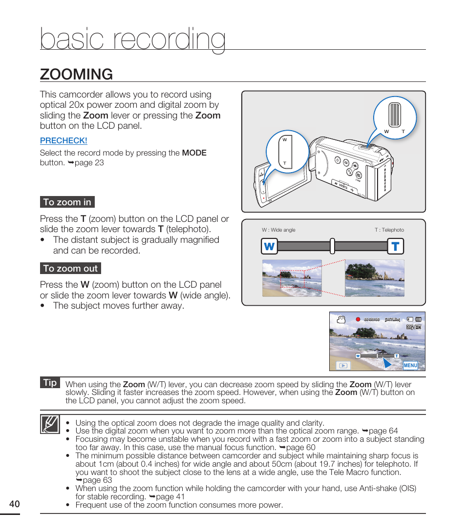 Zooming, Basic recording | Samsung HMX-H203BN-XAA User Manual | Page 52 / 145