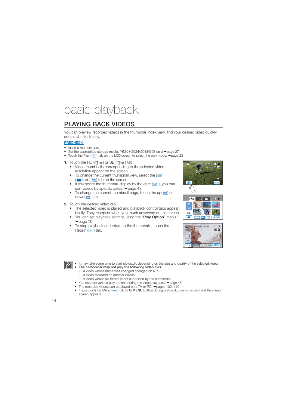 Playing back videos, Basic playback | Samsung HMX-H203BN-XAA User Manual | Page 56 / 145