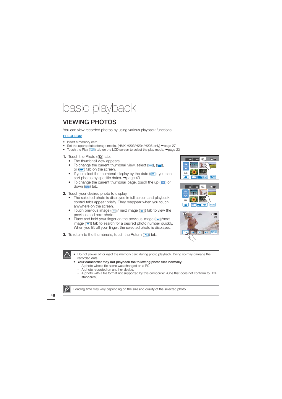 Viewing photos, Basic playback | Samsung HMX-H203BN-XAA User Manual | Page 58 / 145