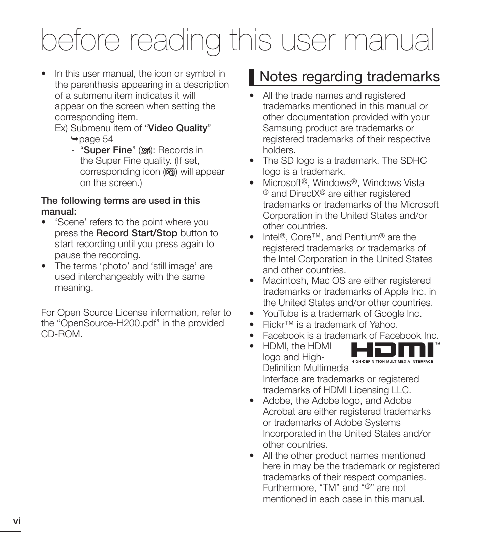 Before reading this user manual | Samsung HMX-H203BN-XAA User Manual | Page 6 / 145