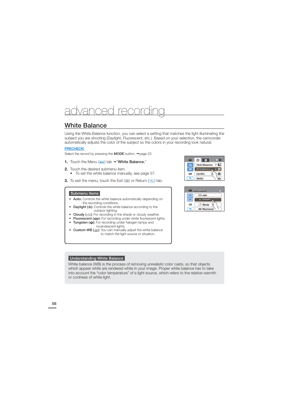 White balance, Advanced recording | Samsung HMX-H203BN-XAA User Manual | Page 68 / 145