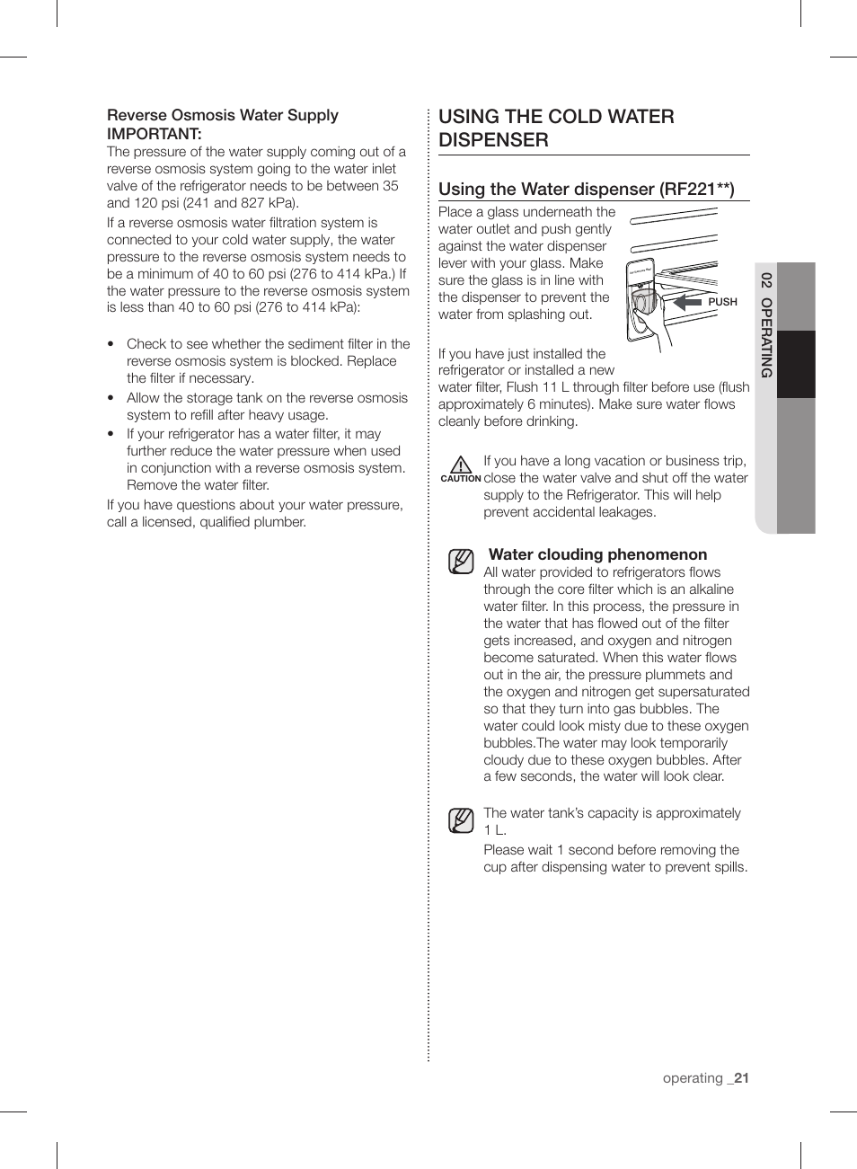 Using the cold water dispenser, Using the water dispenser (rf221**), Reverse osmosis water supply important | Water clouding phenomenon | Samsung RF220NCTASP-AA User Manual | Page 21 / 96