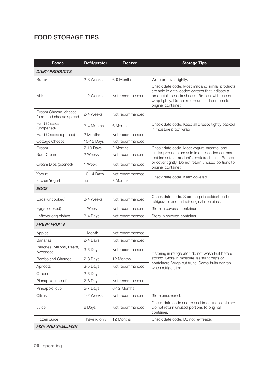 Food storage tips | Samsung RF220NCTASP-AA User Manual | Page 26 / 96