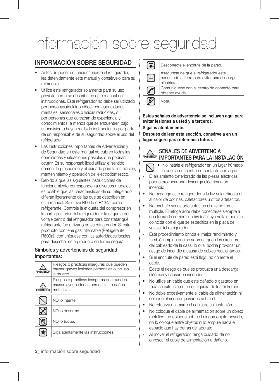 Información sobre seguridad | Samsung RF220NCTASP-AA User Manual | Page 34 / 96