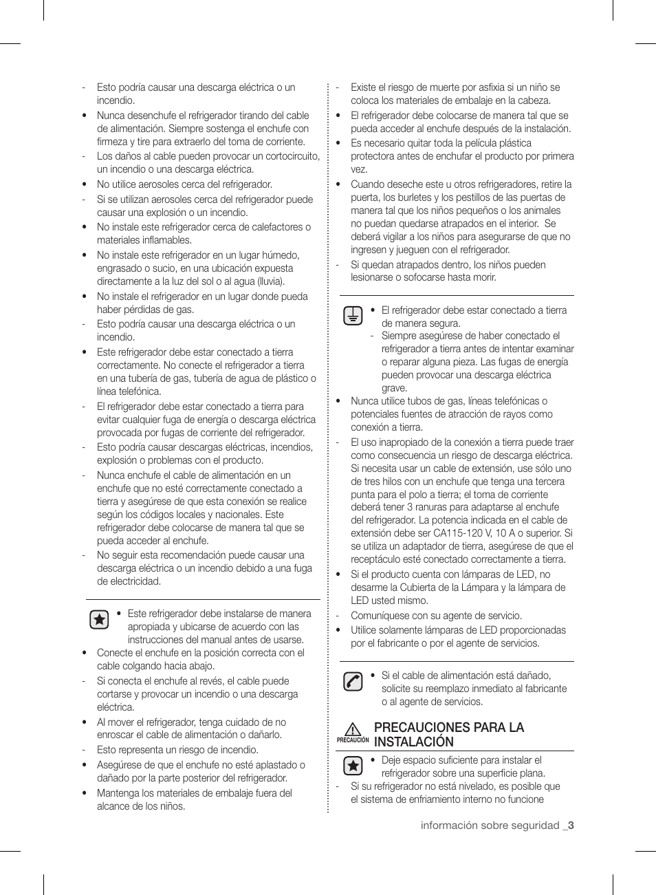 Precauciones para la instalación | Samsung RF220NCTASP-AA User Manual | Page 35 / 96