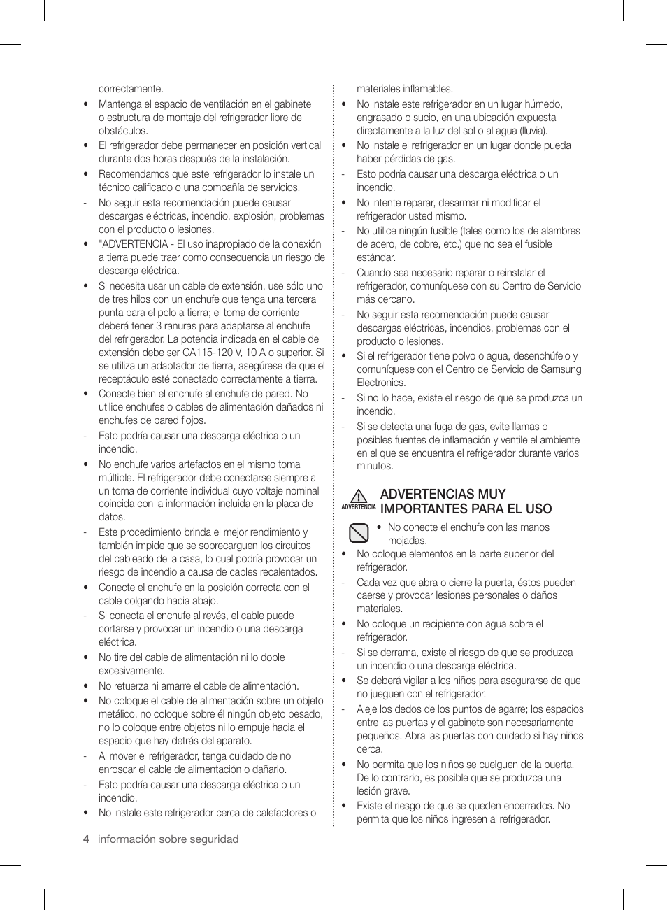 Advertencias muy importantes para el uso | Samsung RF220NCTASP-AA User Manual | Page 36 / 96