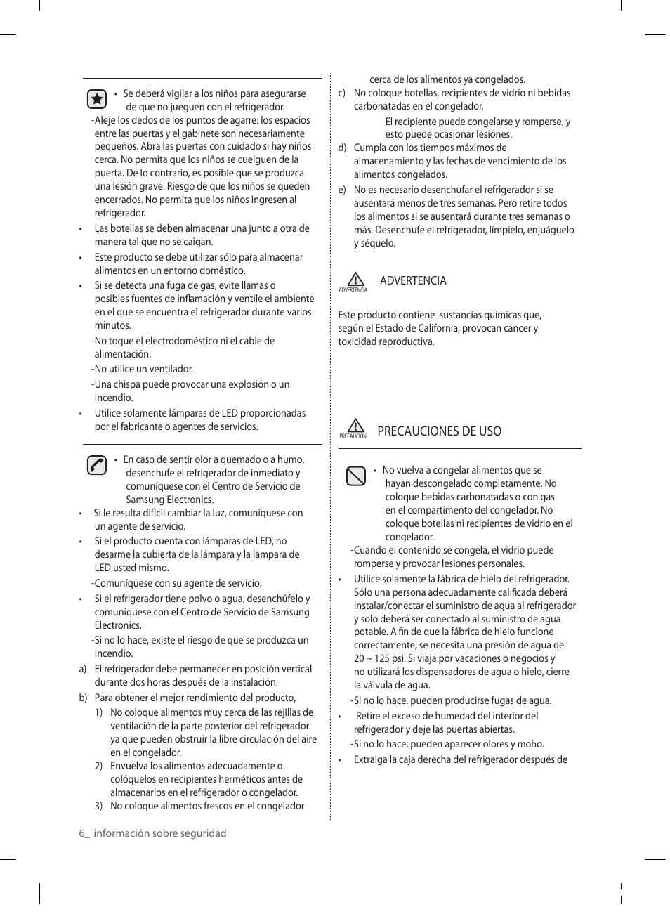 Precauciones de uso | Samsung RF220NCTASP-AA User Manual | Page 38 / 96