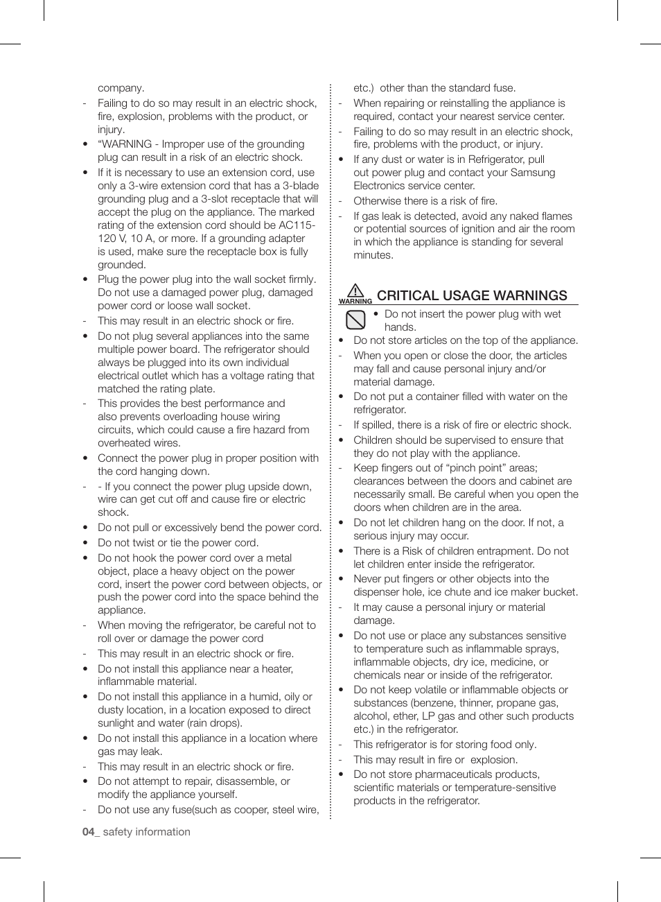 Critical usage warnings | Samsung RF220NCTASP-AA User Manual | Page 4 / 96