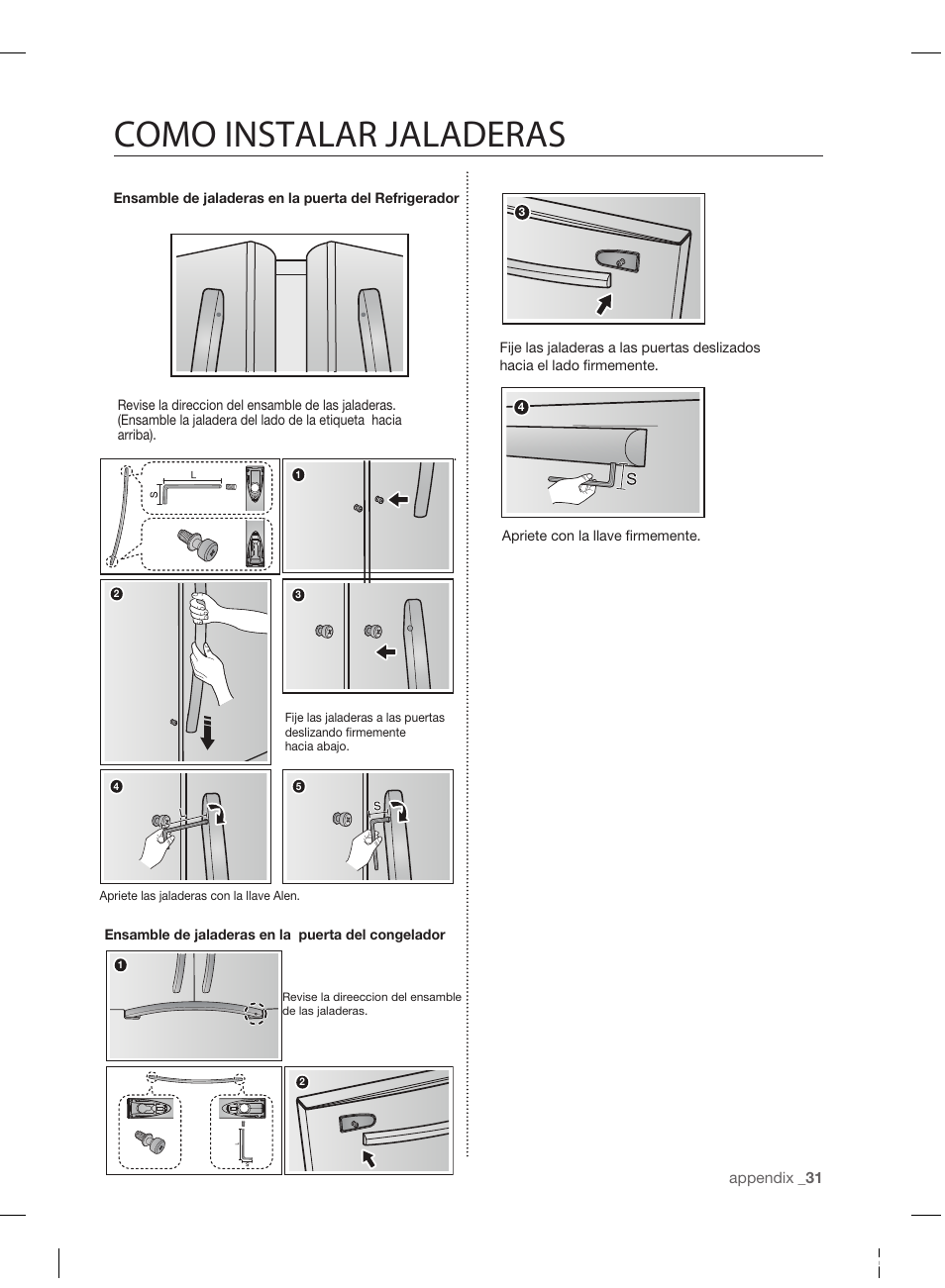 Como instalar jaladeras | Samsung RF220NCTASP-AA User Manual | Page 63 / 96