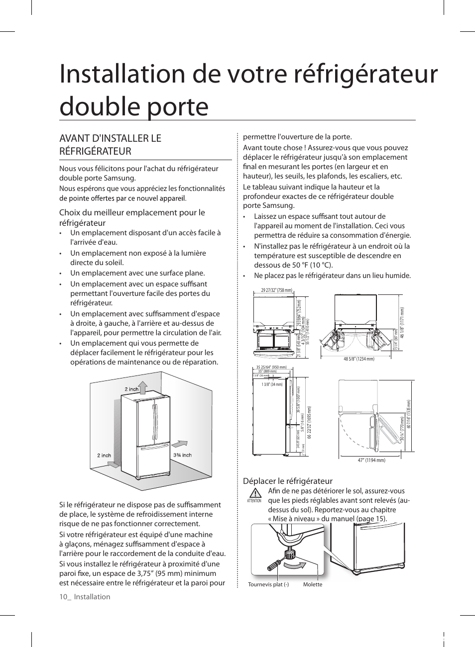 Installation de votre réfrigérateur double porte, Avant d'installer le réfrigérateur | Samsung RF220NCTASP-AA User Manual | Page 74 / 96