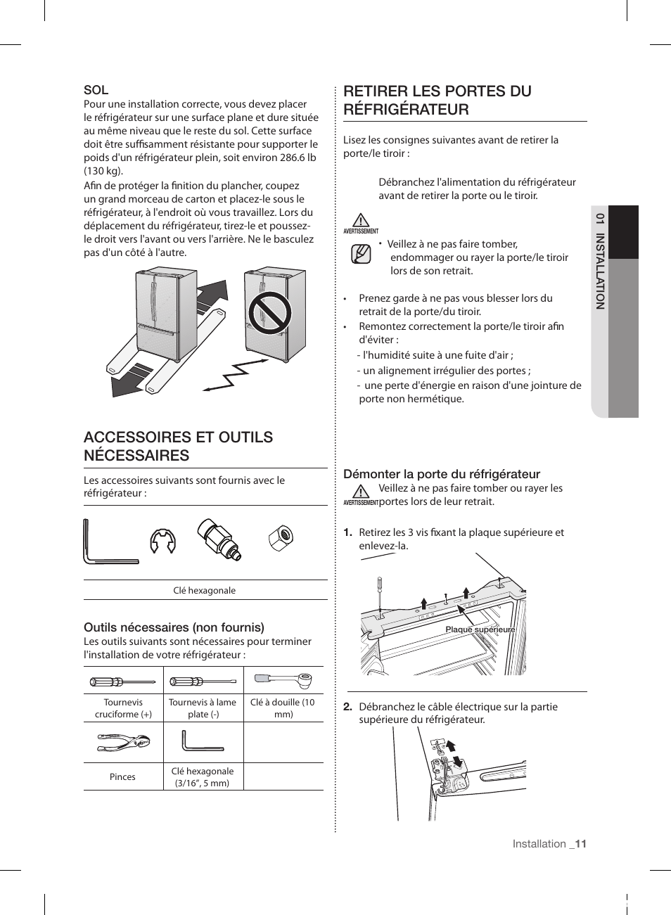 Accessoires et outils nécessaires, Retirer les portes du réfrigérateur | Samsung RF220NCTASP-AA User Manual | Page 75 / 96