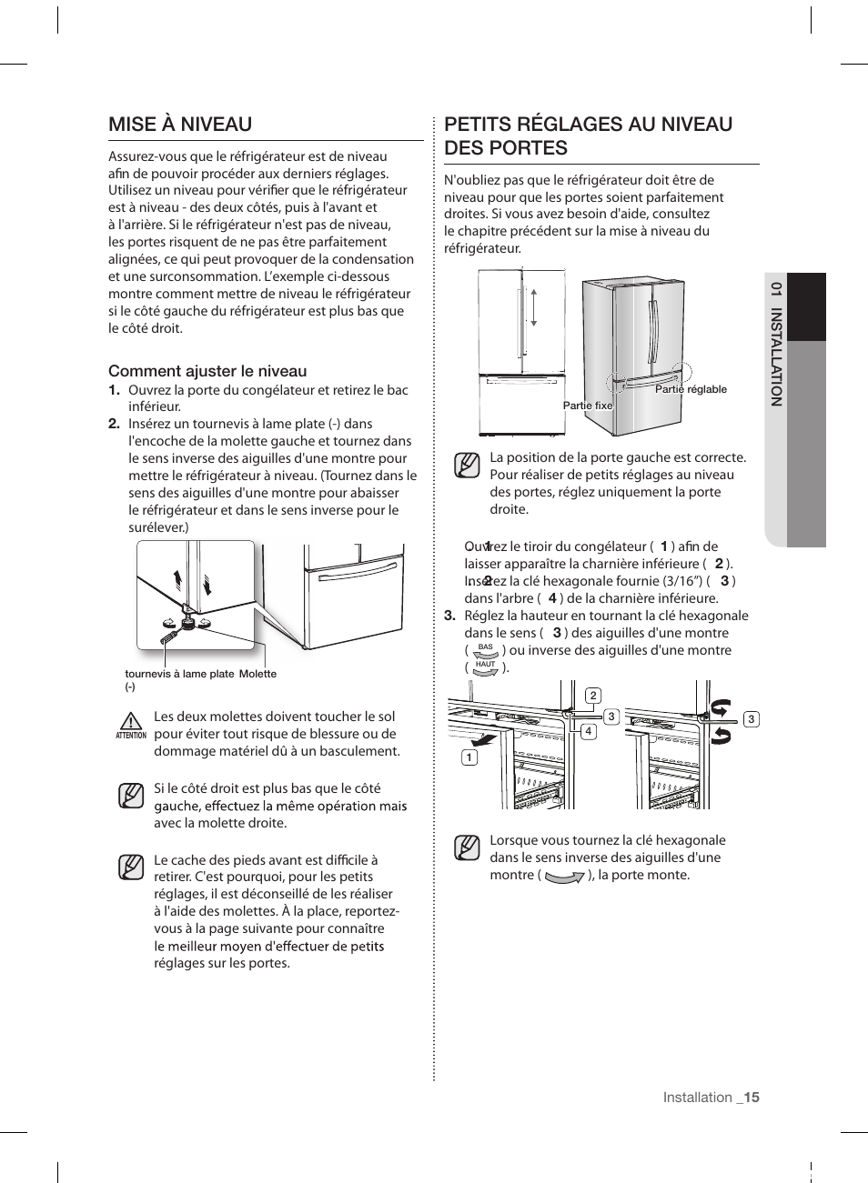 Mise à niveau, Petits réglages au niveau des portes | Samsung RF220NCTASP-AA User Manual | Page 79 / 96