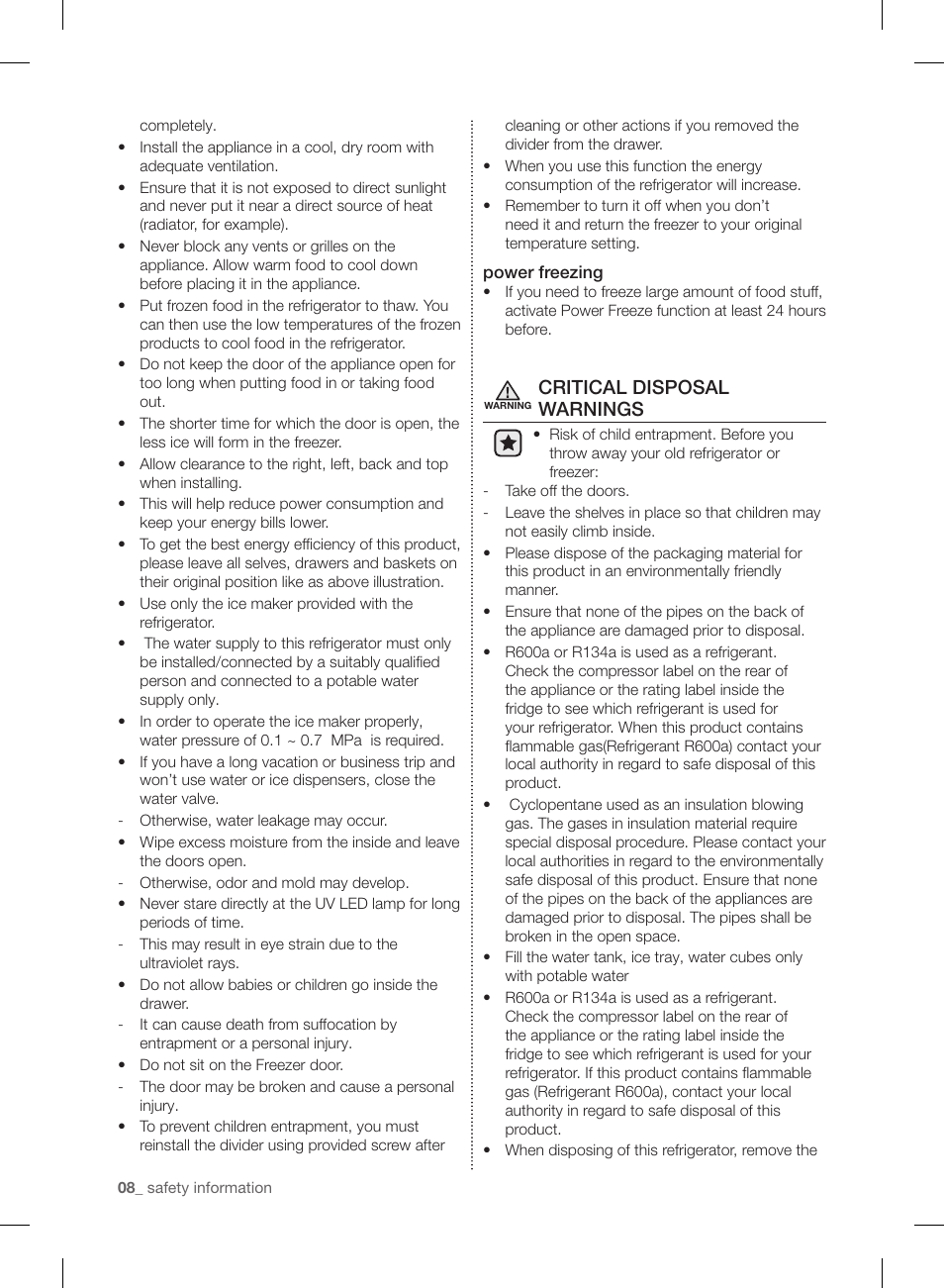 Critical disposal warnings | Samsung RF220NCTASP-AA User Manual | Page 8 / 96