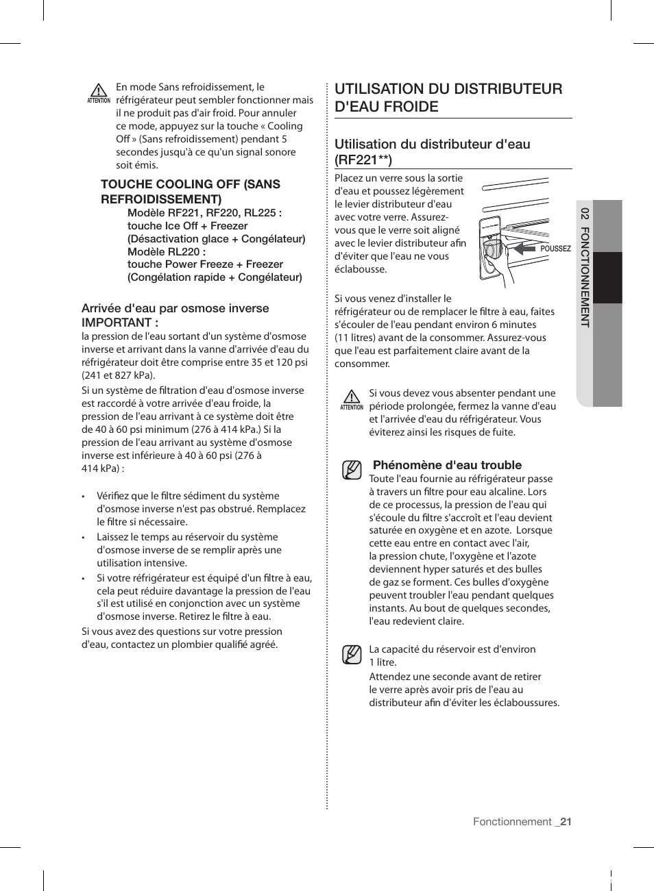 Utilisation du distributeur d'eau froide, Utilisation du distributeur d'eau (rf221**) | Samsung RF220NCTASP-AA User Manual | Page 85 / 96