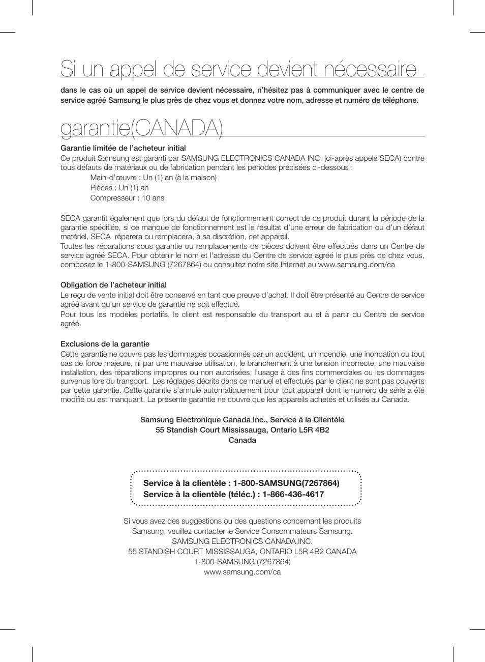 Si un appel de service devient nécessaire, Garantie(canada) | Samsung RF220NCTASP-AA User Manual | Page 93 / 96