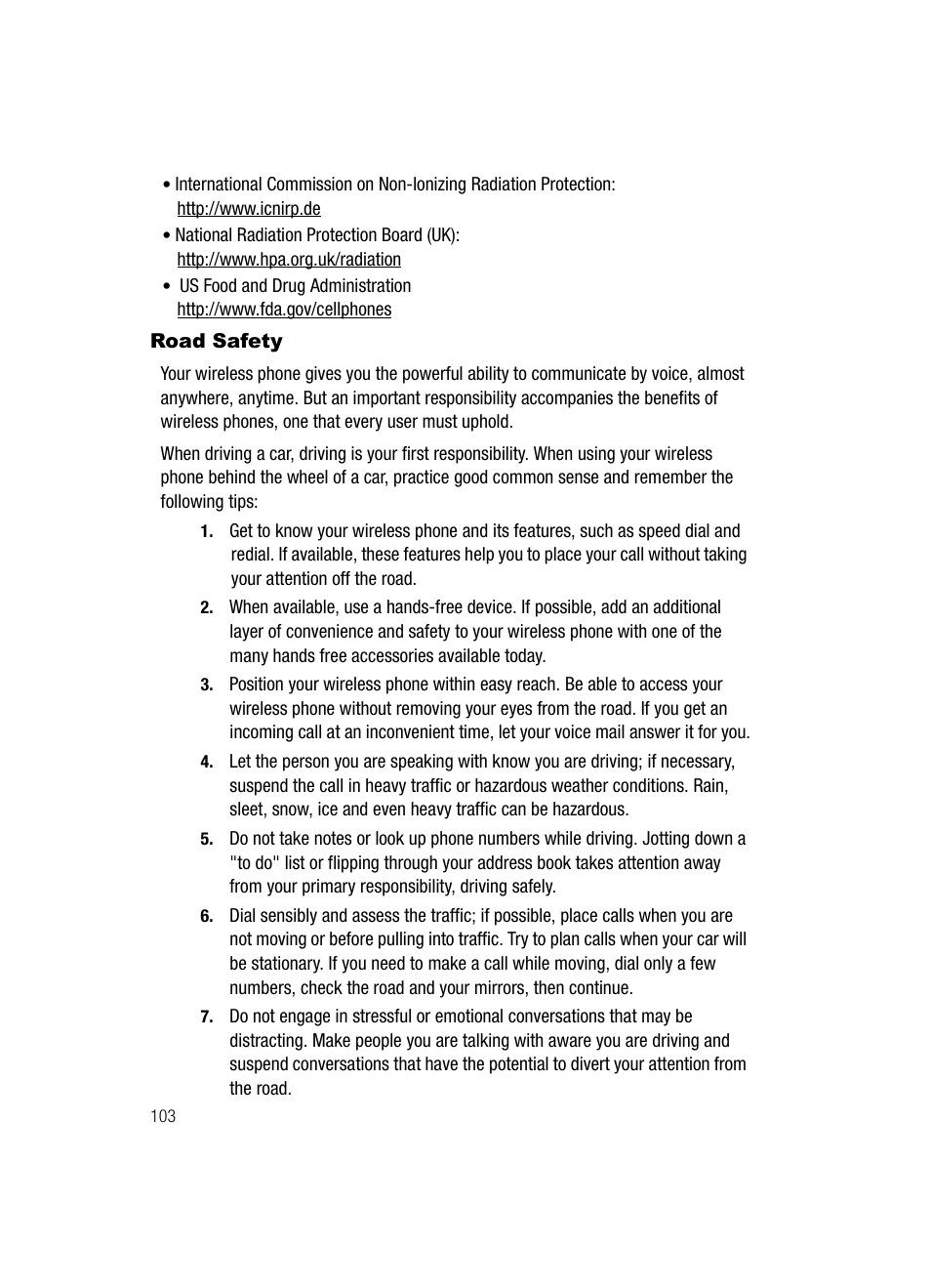 Road safety | Samsung SGH-A436ZKAGEN User Manual | Page 106 / 126