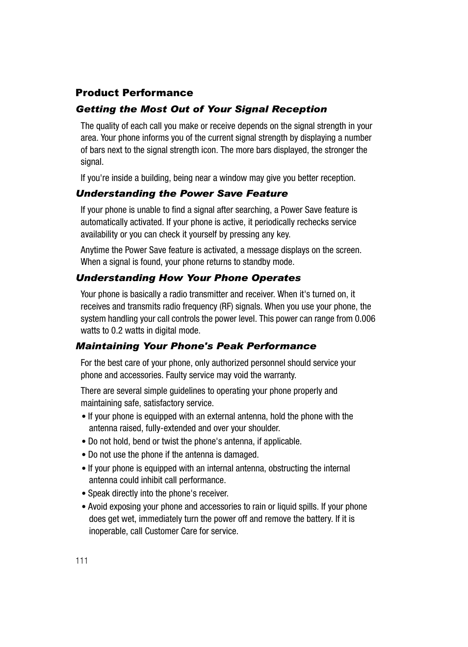 Product performance, Getting the most out of your signal reception, Understanding the power save feature | Understanding how your phone operates, Maintaining your phone's peak performance | Samsung SGH-A436ZKAGEN User Manual | Page 114 / 126