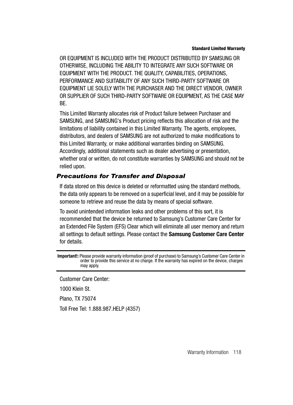 Precautions for transfer and disposal | Samsung SGH-A436ZKAGEN User Manual | Page 121 / 126