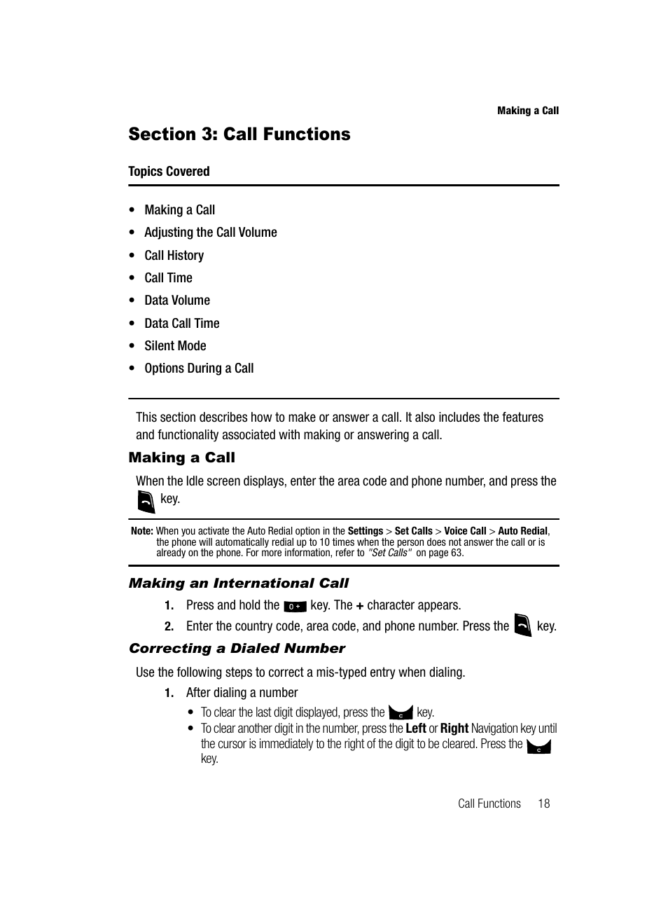 Section 3: call functions, Making a call, Making an international call | Correcting a dialed number | Samsung SGH-A436ZKAGEN User Manual | Page 21 / 126