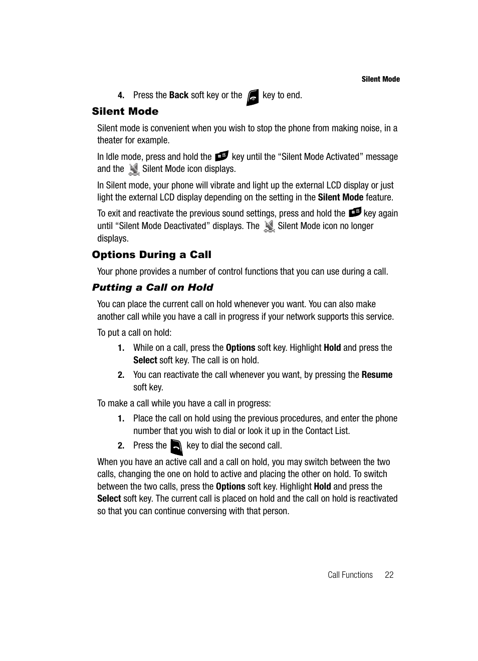 Silent mode, Options during a call, Putting a call on hold | Silent mode options during a call | Samsung SGH-A436ZKAGEN User Manual | Page 25 / 126