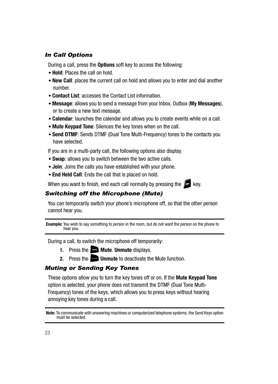 In call options, Switching off the microphone (mute), Muting or sending key tones | Samsung SGH-A436ZKAGEN User Manual | Page 26 / 126