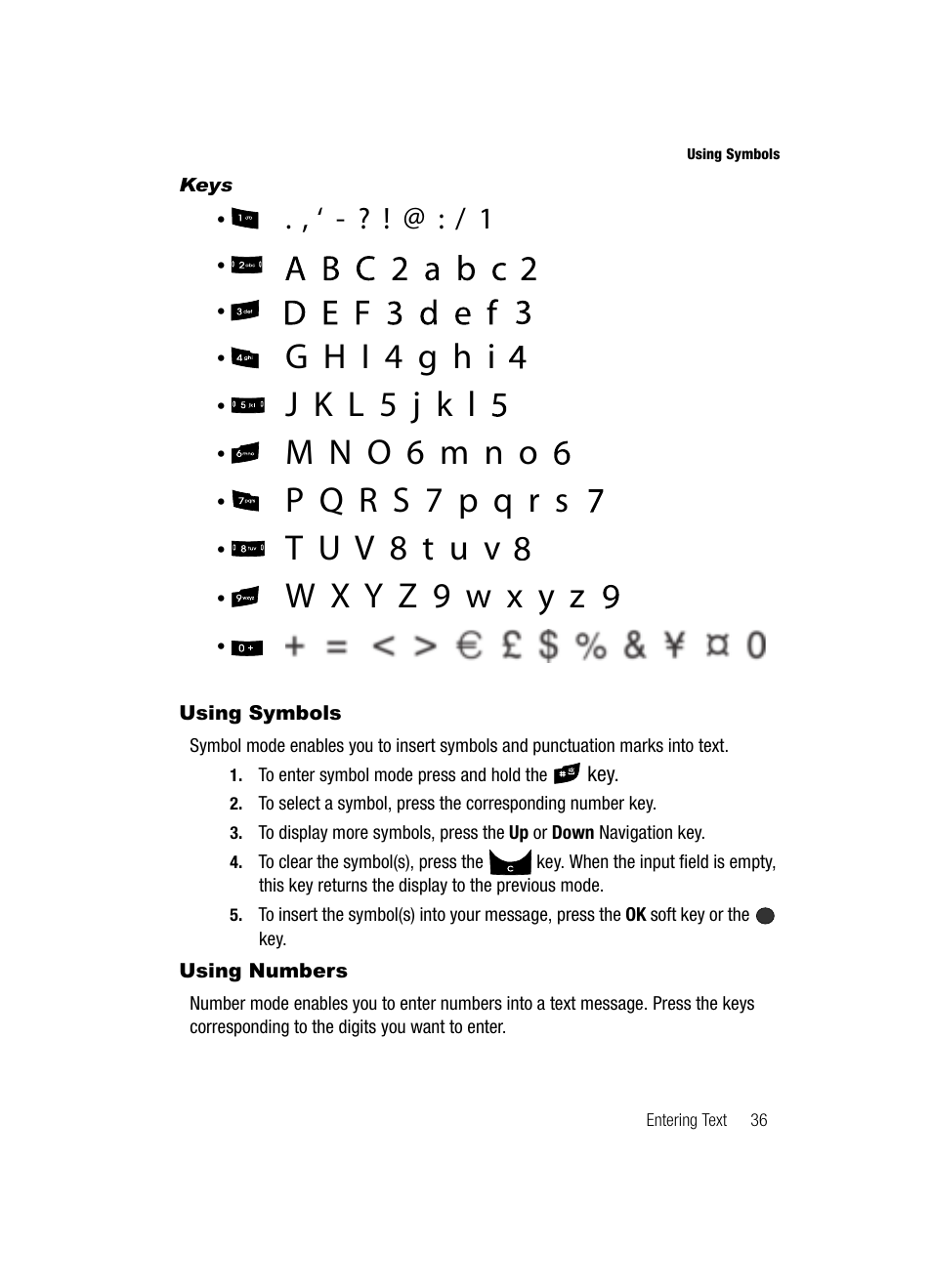 Keys, Using symbols, Using numbers | Using symbols using numbers | Samsung SGH-A436ZKAGEN User Manual | Page 39 / 126