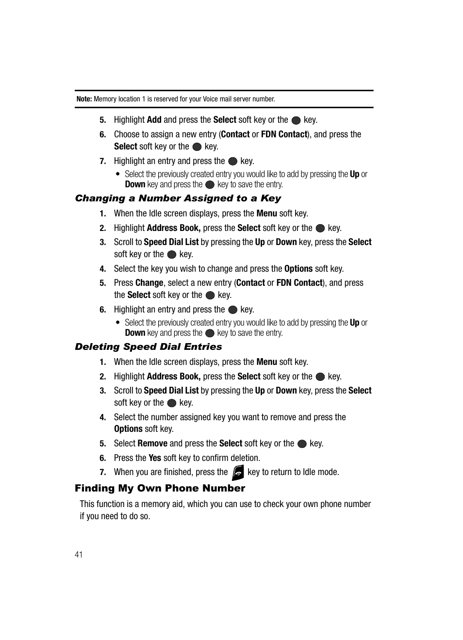 Changing a number assigned to a key, Deleting speed dial entries, Finding my own phone number | Samsung SGH-A436ZKAGEN User Manual | Page 44 / 126