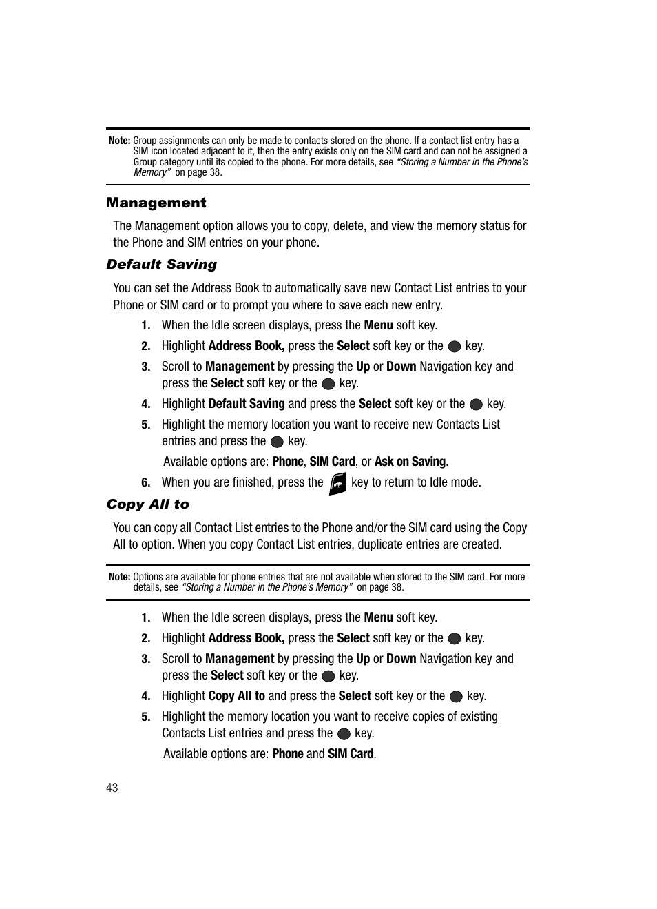 Management, Default saving, Copy all to | Samsung SGH-A436ZKAGEN User Manual | Page 46 / 126