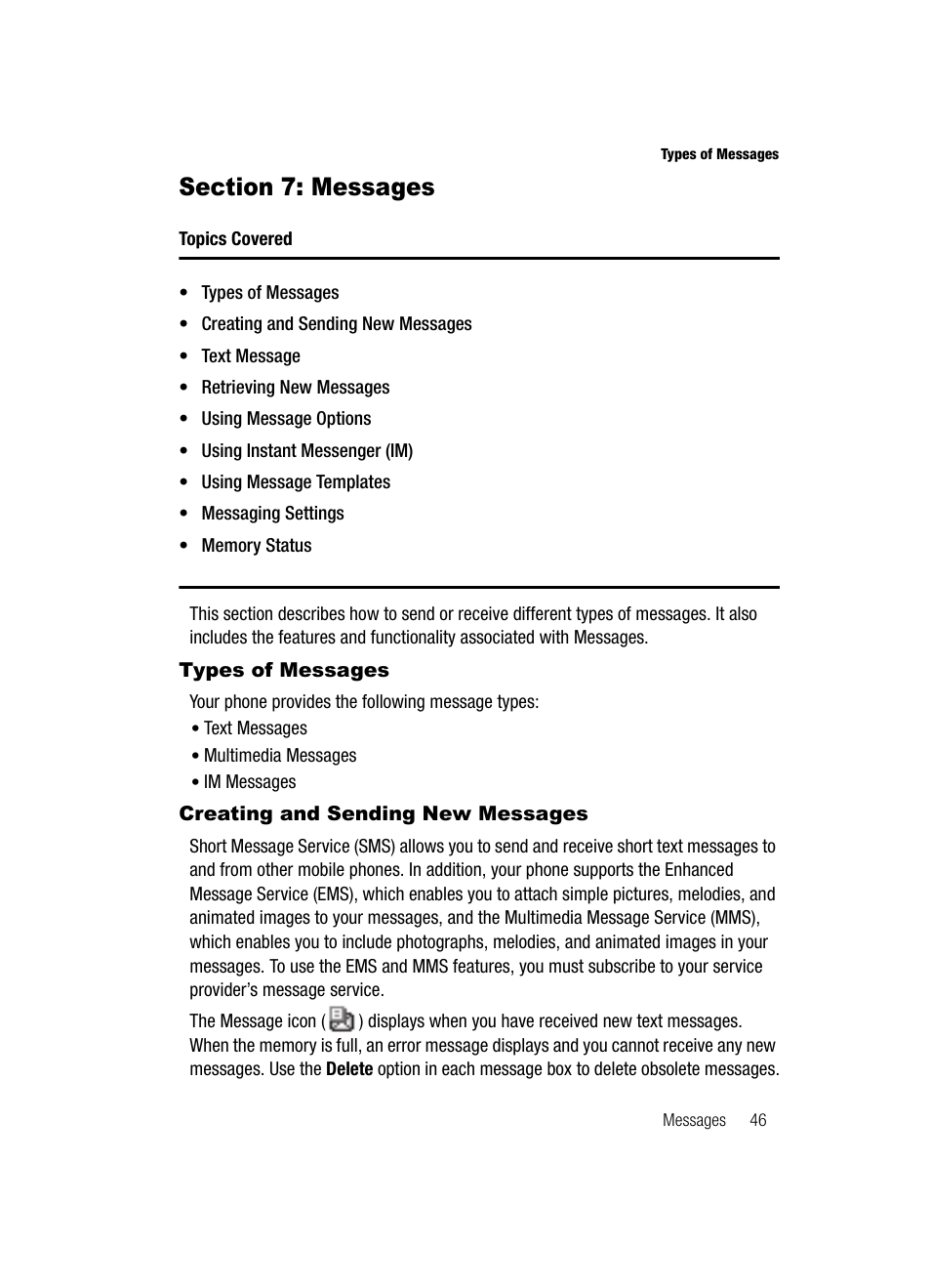 Section 7: messages, Types of messages, Creating and sending new messages | Samsung SGH-A436ZKAGEN User Manual | Page 49 / 126
