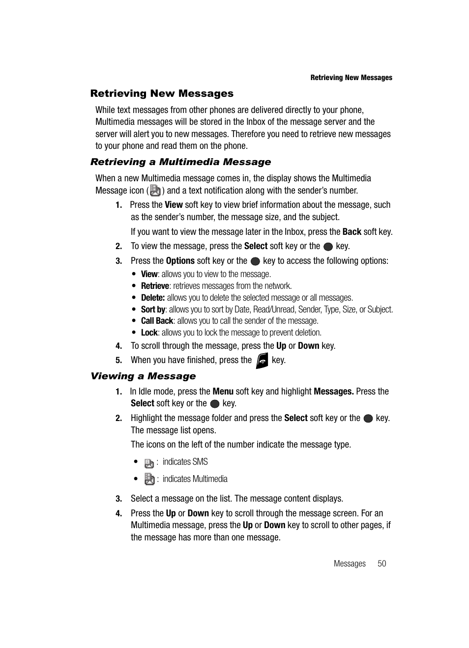 Retrieving new messages, Retrieving a multimedia message, Viewing a message | Samsung SGH-A436ZKAGEN User Manual | Page 53 / 126