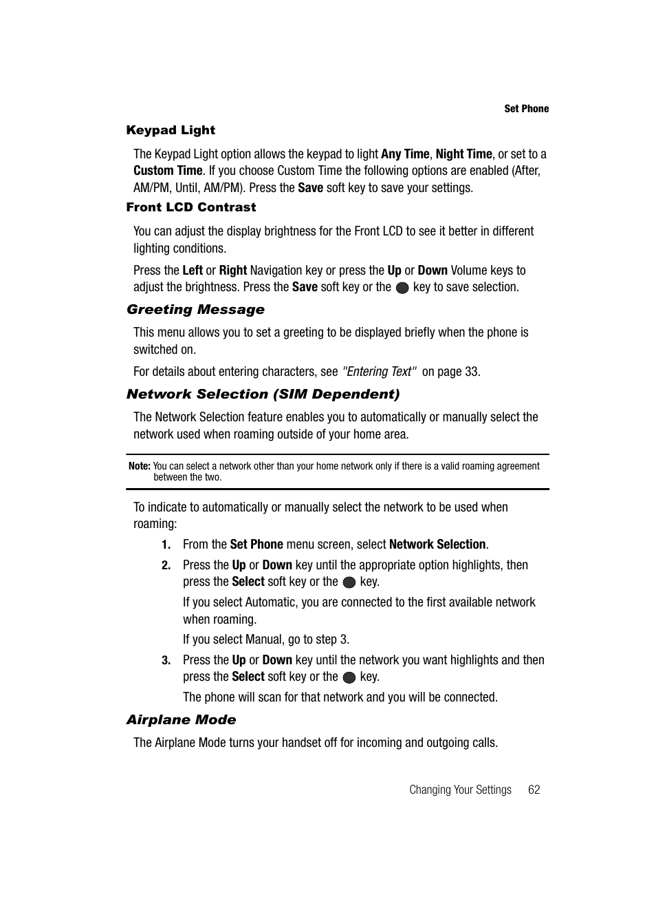 Keypad light, Front lcd contrast, Greeting message | Network selection (sim dependent), Airplane mode | Samsung SGH-A436ZKAGEN User Manual | Page 65 / 126