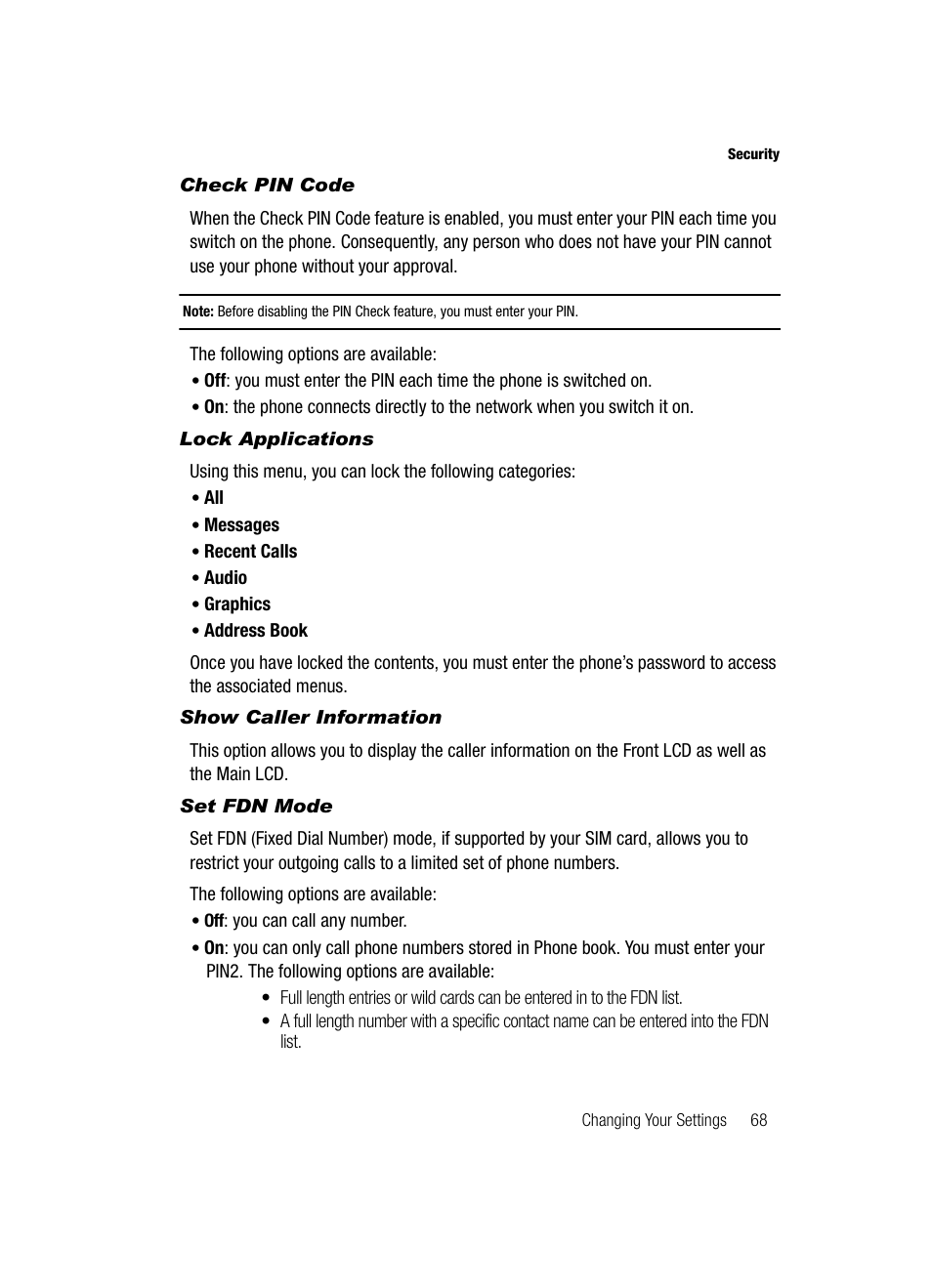 Check pin code, Lock applications, Show caller information | Set fdn mode, Er the pin and press the ok soft key o | Samsung SGH-A436ZKAGEN User Manual | Page 71 / 126