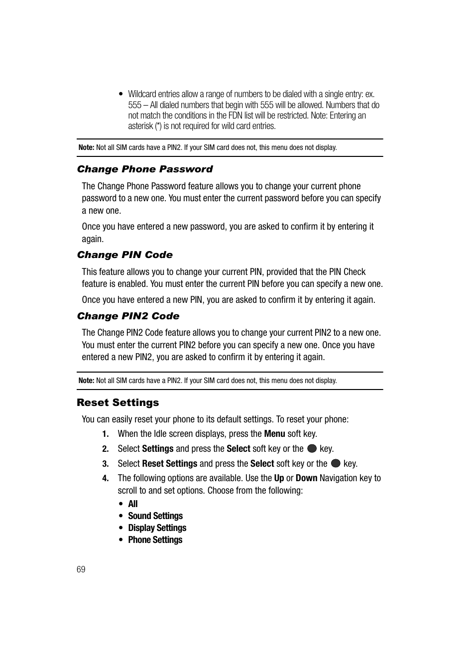 Change phone password, Change pin code, Change pin2 code | Reset settings, For more information, refer to | Samsung SGH-A436ZKAGEN User Manual | Page 72 / 126