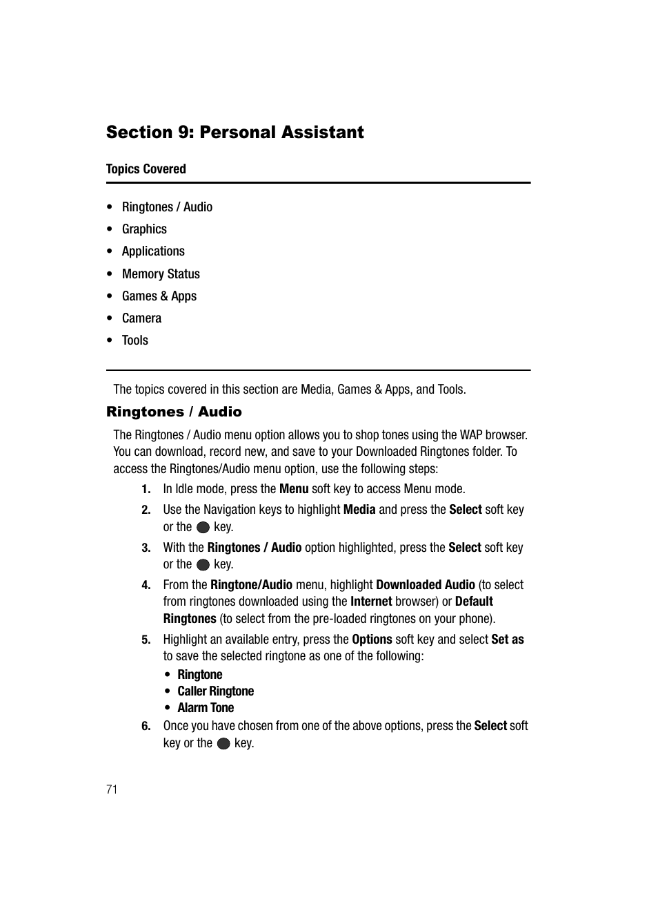 Section 9: personal assistant, Ringtones / audio | Samsung SGH-A436ZKAGEN User Manual | Page 74 / 126